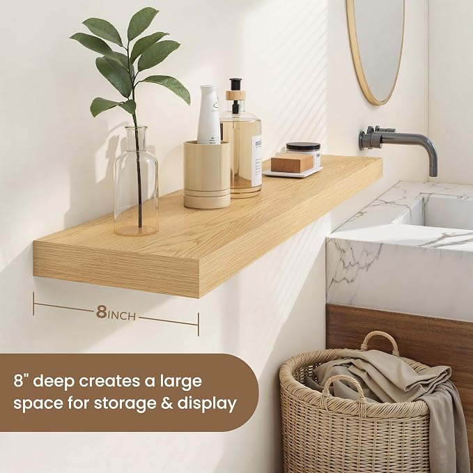 Dreamland 55 Inches Floating Shelves for Wall, 8" Deep Long Floating Shelves Set of 1, Large Display & Storage Shelf, Wall Shelf for Bathroom Bedroom Living Room Kitchen Office, Oak