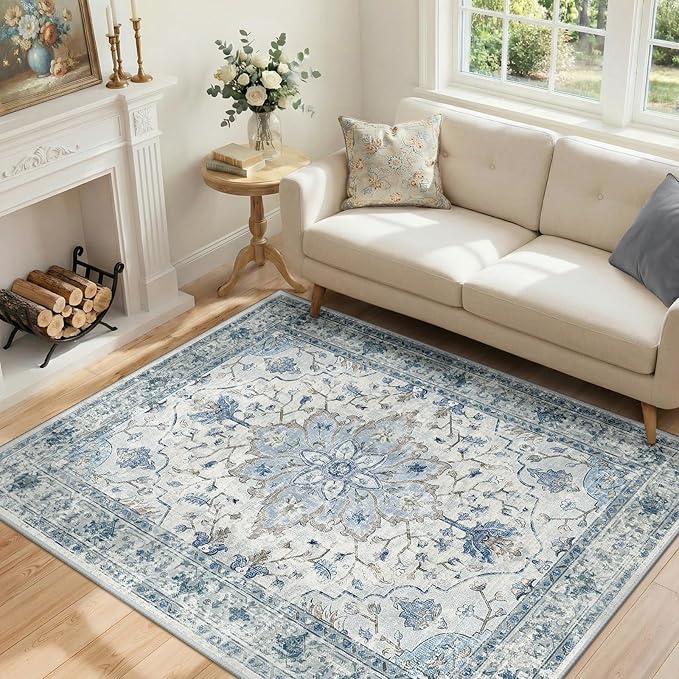 RELEANY Area Rugs 4'x6' Washable Non-Slip, Floral Vintage Distress Print Pattern Medallion Carpet for Living Room Bedroom Dining Room, Light Blue Navy Beige Gray White