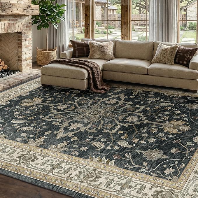 RELEANY Area Rugs 7'x10' Washable Non-Slip, Floral Vintage Distress Print Pattern Medallion Carpet for Living Room Bedroom Dining Room, Vintage Black Brown Neutral