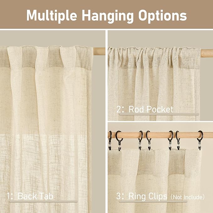 LAMIT Semi Sheer Beige Linen Curtains 72 inch Length, Light Filtering Panels Back Tab and Rod Pocket Neutral Drapes for Bedroom/Living Room, Beige, 2 Panels, 34 x 72 Inch