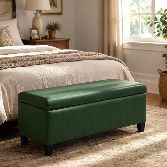 Christopher Knight Home Vayne Storage Ottoman Bench With Flip-Top Lid, PU Upholstered Ottoman with Storage, Wooden Bedroom End of Bed Bench with Storage, Comfy Living Room Sofa Extra Seat, Green+Black