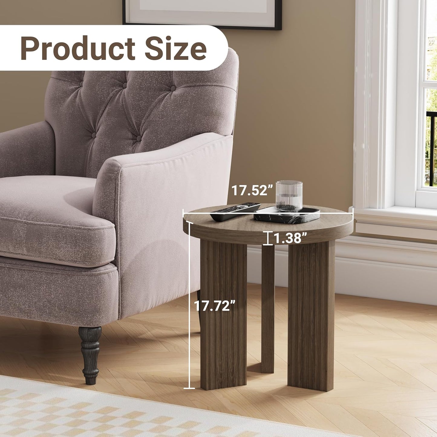 Small Round Side Table, 17.52" Coffee Table with Smooth Thick Mesa, Circle End Table with X Shaped Stable Legs, Accent Tea Table for Living Room, Office, Brown