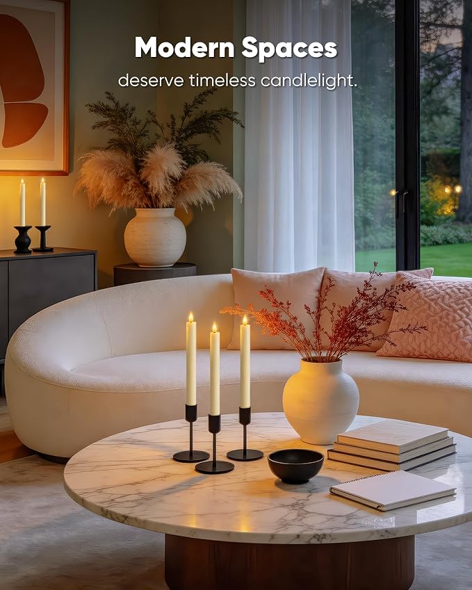 Homemory 24 Pcs Waxy Flameless Taper Candles with Remote, Flickering Battery Operated Taper Candles, Led Flameless Candlesticks Classic Tall Candle for Home, Wedding, Party, Ivory, 9.6 inches