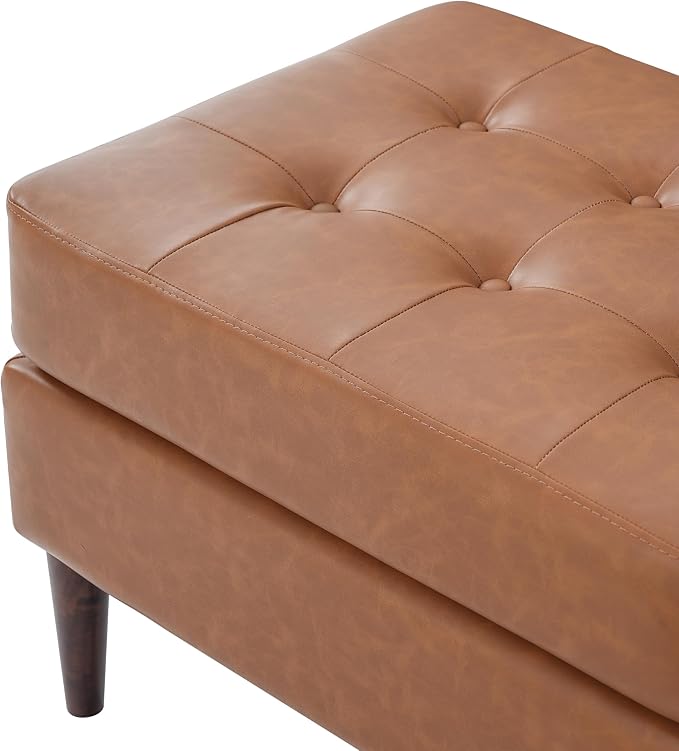 Christopher Knight Home Dalla Faux Leather Ottoman Coffee Table, Small Living Room Sofa Footrest, Wooden Rectangular Ottoman Footstool, Guest Extra Seat, Tan Brown+Walnut