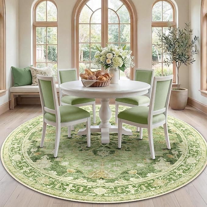 RELEANY Area Rugs 7ft Washable Non-Slip, Floral Vintage Distress Print Pattern Medallion Carpet for Living Room Bedroom Dining Room, Sage Green Yellow
