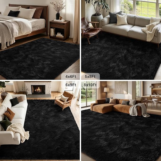 FinRèc 8x10 Feet Black Rugs for Living Room Bedroom, Fluffy Shaggy Area Rug, Non-Slip Soft Shag Rug for Nursery Kids Room Dorm Room Home Decor, Indoor Plush Floor Carpet