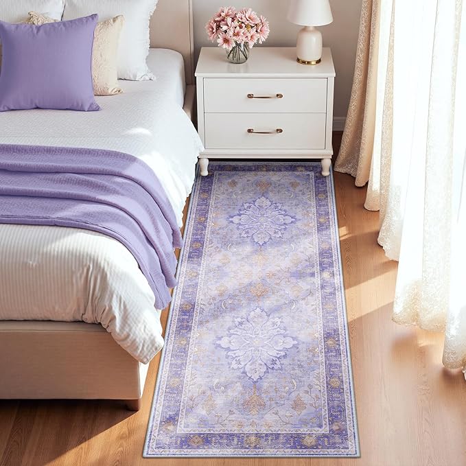 RELEANY Area Rugs 2'x6' Runner Rug Non Slip Washable for Kitchen Hallway Bedroom Beside Laundry Room Bathroom Rug, Floor Carpet, Light Purple Brown