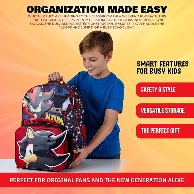 AI ACCESSORY INNOVATIONS Sonic the Hedgehog 5 PC Backpack Set for Girls & Boys, 16” Book Bag Featuring Shadow The Hedgehog, Black