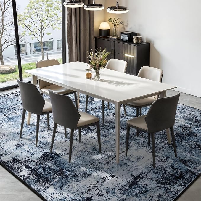 Rugflix 10x12 Area Rugs for Living Room, Washable Large Rug Stain-Resistant Low Pile, Modern Dark Carpet for Dining Room Home Office Kid Room Nursery Bedroom, Navy Blue/Black