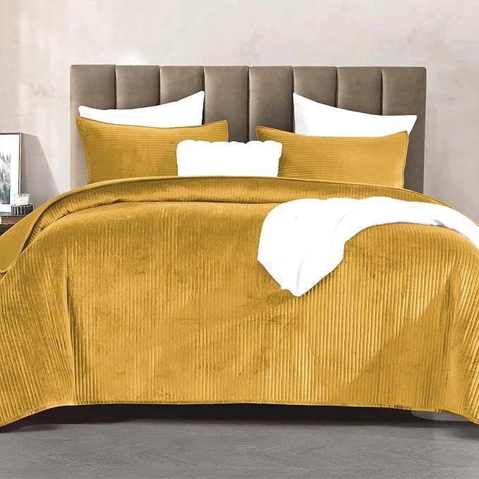 Elegant Comfort Luxury 3-Piece Velvet Corduroy Stripe Quilt Set, Ultra Soft Bedspread - Cozy Velvet Coverlet Set - 3PC Medium Weight Quilted Set with Matching Pillow Shams, Queen, Gold