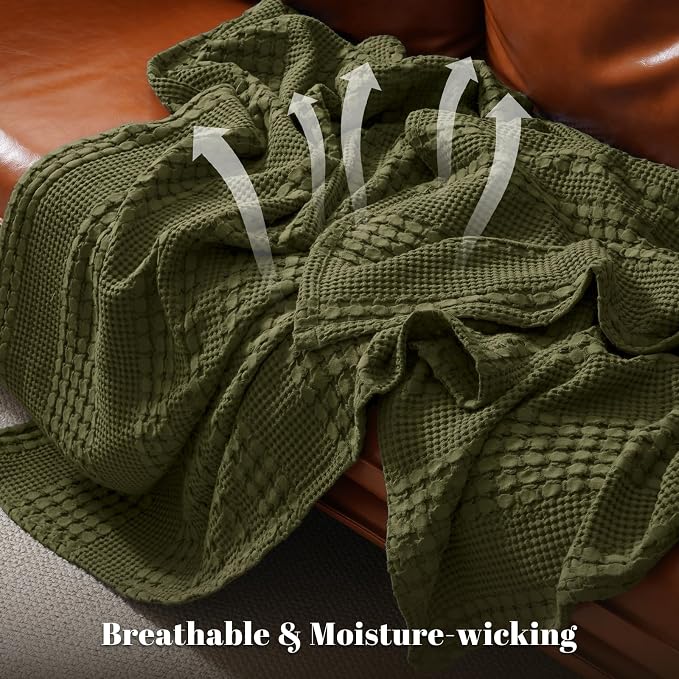 PHF 100% Cotton Waffle Throw Blanket for Couch, Lightweight Breathable and Soft for Summer, Luxury Aesthetic Waffle Weave Blanket for Home Decor & Office, Gifts for Women, 50"x60", Capulet Olive