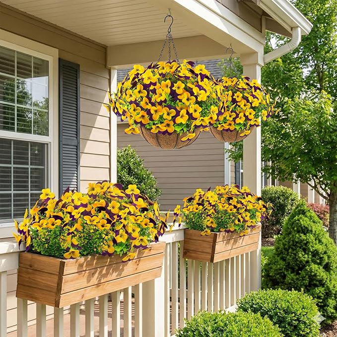 lovemoon 2 Set Artificial Outdoor Pansies Flowers with Hanging Baskets, 2 Hanging Planters with 24 Pcs Silk Pansy Flowers for Spring Easter Decorations Porch Patio Home Decor (2, Purple, Yellow)