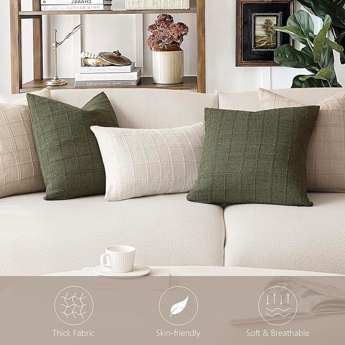 Foindtower Set of 2 Decorative Linen Check Throw Pillow Covers Neutral Farmhouse Vintage Cushion Covers Modern Boho Home Decor for Sofa Chair Couch Bedroom Living Room,18×18 Inch,Natural Linen