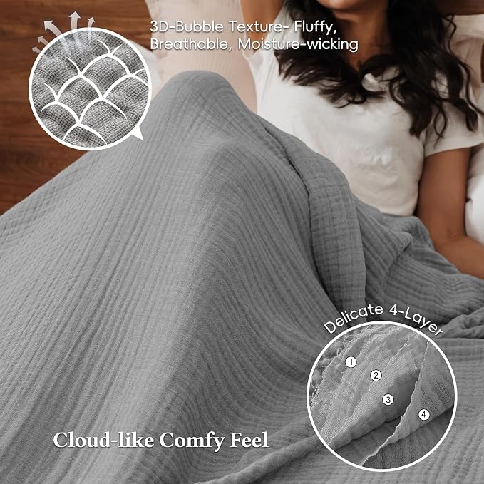 David's Home 100% Cotton Muslin Blanket Twin Size for College Dorm, 4-Layer Soft Breathable Lightweight Cozy Throw Guaze for Hot Sleepers, 3D Bubble Room Decor for Bed, Giftable, Dark Grey, 66"x90"