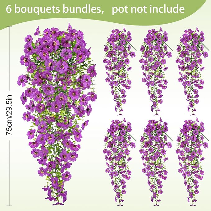 Artificial Flowers for Outdoors Faux Plants for Spring Summer Decoration,6 Bundles UV Resistant Realistic Silk Hanging Flowers Indoor Garden Porch Patio Balcony Yard Farmhouse（Purple）