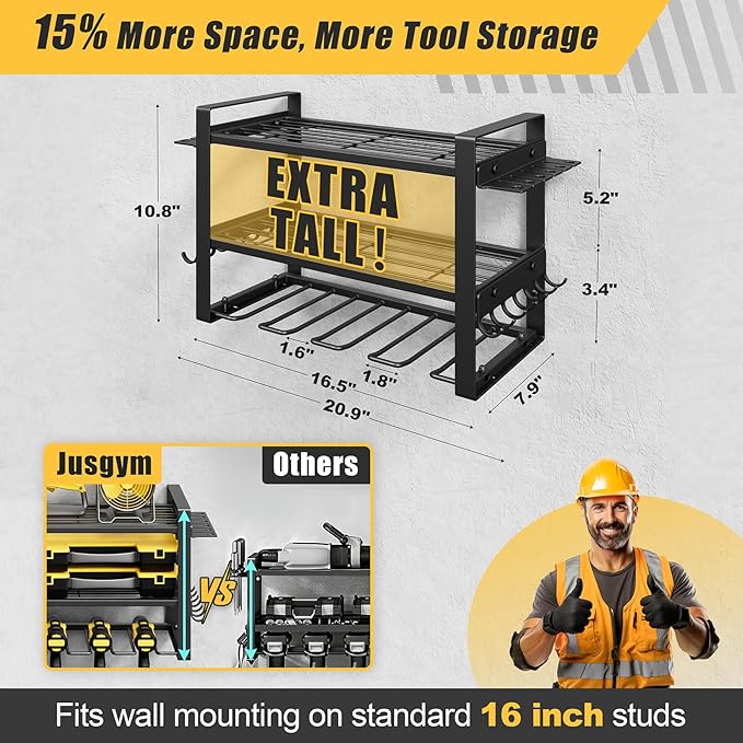 Jusgym Power Tool Organizer Wall Mount |150lbs Garage Storage Rack with 4 Cordless Drill Holder |3-Tier Heavy Duty Tool Storage Rack for Garage Organization |Gift for Men