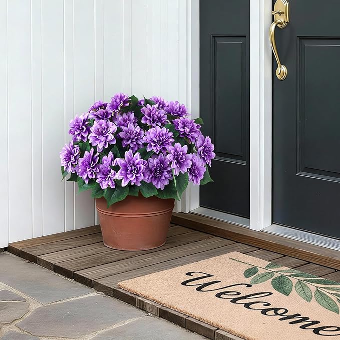 VIERENA 16 Bundles Artificial Dahlia Flowers for Outdoors Spring Summer Decor, No Fade Silk Flower Faux Dahlias Plant Arrangement for Home Garden Balcony Farmhouse（Purple）