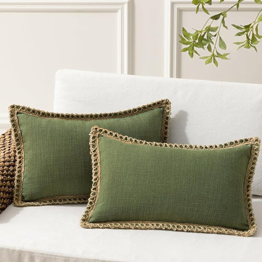 Phantoscope Pack of 2 Farmhouse Decorative Throw Pillow Cover Solid Burlap Linen Trimmed Tailored Edges, Olive Green, 12 x 20 inches, 30 x 50 cm