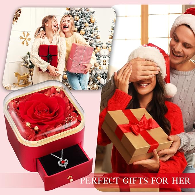 Beferr Gifts for Mom Preserved Real Rose with Red Necklace Eternal Roses Forever Flowers for Delivery Christmas Anniversary Birthday Mothers Day Flowers for Women Her Grandma Wife Daughter Girlfriend