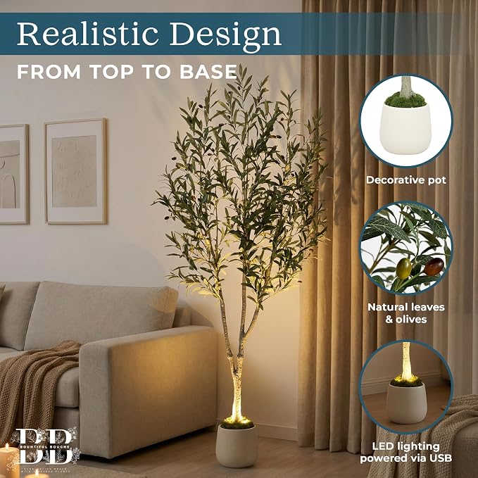 6ft Lifelike Artificial Olive Tree with Light, White Pot, Moss & LED | 943 Vein-Detailed Leaves · 52 Olives · 4ft Wired USB LED with Switch · Moss Included · Shapeable Branches · Zero Maintenance