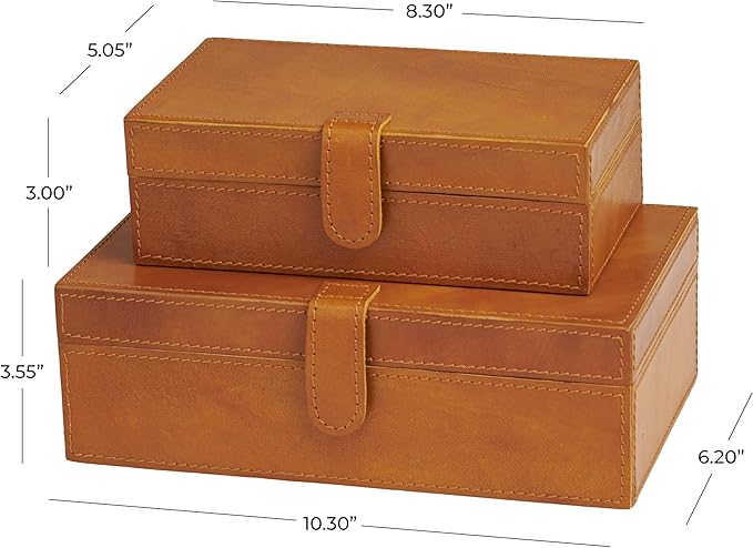 Deco 79 Leather Handmade Decorative Box Storage Decorative Keepsake Boxes with Snap Front Closure and Detailed Stitching, Set of 2 Storage Boxes 10", 8"W, Brown