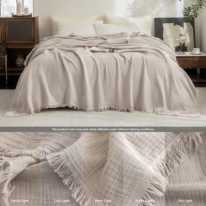 FOSSA Muslin Blanket 4-Layer 100% Cotton Gauze Blanket with Fringe 66"x90" | Super Soft Breathable Lightweight All Season & Decorative Blanket or Bed, Sofa, Office (Beige Gray,Twin XL)