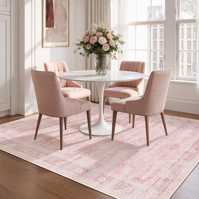 Pink Rug 5x8 for Bedroom Girls, Washable Non Slip Nursery Kids Room Rug Dorm, Aesthetic Distressed Area Rugs for Living Room, Low Pile Thin Carpet Rug for Playroom Dining Room Home Office