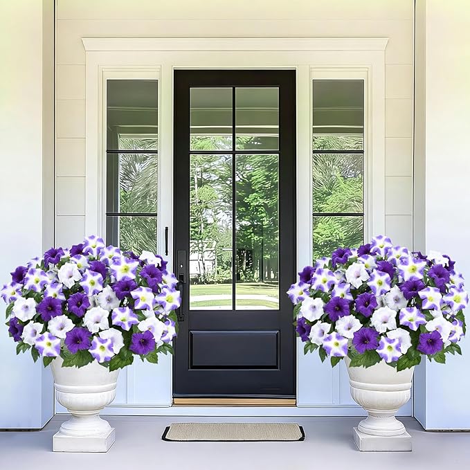 MARTINE MALL Artificial Flowers for Outdoors, 4 Bundles Realistic Fake Outdoor Flowers, UV Resistant Silk Petunia Flower for Outside Look Real Faux Flower Plants for Outdoor Porch Decor, Purple White