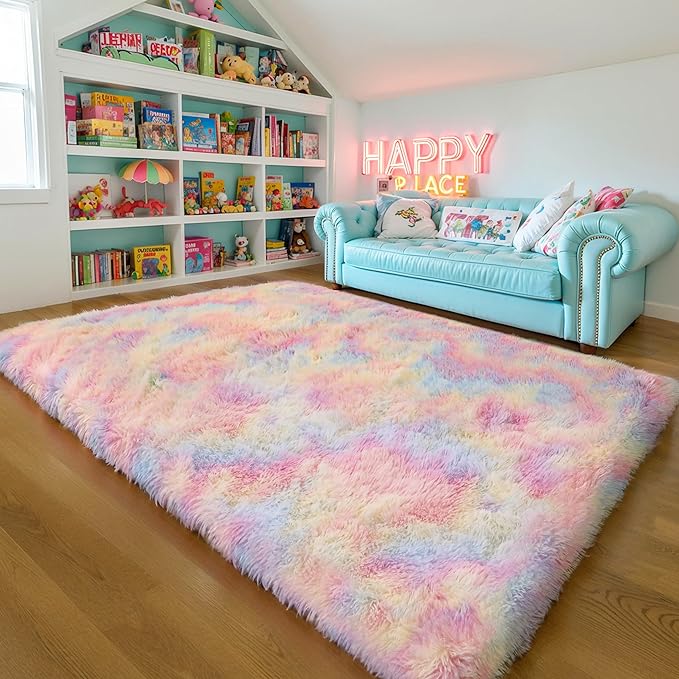 KICHOWUA Thick Area Rug 4x6 Fluffy Shag - Rainbow Unicorn Carpet for Girls Bedroom, Soft Plush Fuzzy Pastel, Thickened Washable Non-Slip Shaggy Rug for Kids, Nursery, Living Room, Baby, Dorm