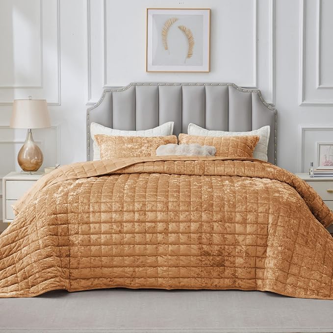 BEDELITE Velvet Quilt Set King Size - Luxury Soft Velvet Comforter Bedding Set for All Season, Lightweight Quilted Box Stitch Oversized Bedspread Coverlet with 2 Matching Shams, Shiny Burnt Orange