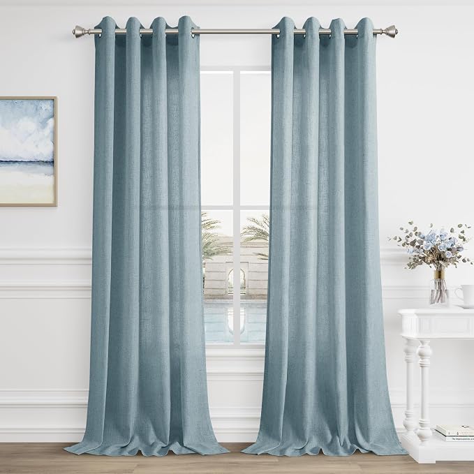 Aersas 2 Panels Blue Linen Curtains 108 Inches Long for Living Room Grommet Extra Long Semi Sheer Curtains Boho Farmhouse Light Filter Linen Drapes 108 Inch Length for Bedroom Large Window 9 FT