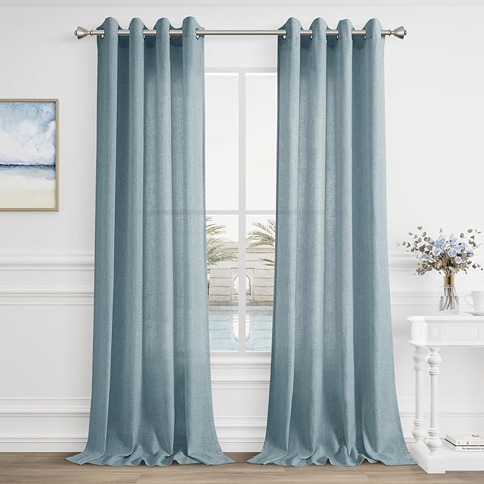Blue 96 Inch Linen Curtains for Sliding Door Living Room Grommet Neutral Modern Boho Light Filtering Semi Sheer Stone Dusty Blue Seafoam Curtain Drapes for Bedroom Aesthetic 96 Inches Long 2 Panels