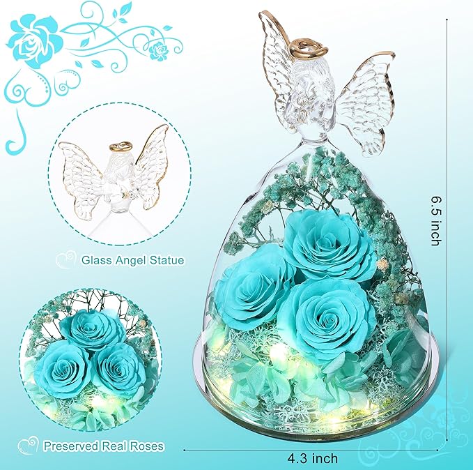 Mothers Day Rose Gifts for Women Preserved Real Flower in Glass Angel Figurines Roses for Delivery Prime Birthday Gifts for Mom Grandma Girlfriend Wife Her - Tify Blue
