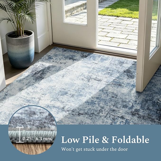 Rugflix 5x7 Area Rugs for Living Room, Washable Large Rug Stain-Resistant Low Pile, Modern Dark Carpet for Dining Room Home Office Kid Room Nursery Bedroom, Blue Grey/Black