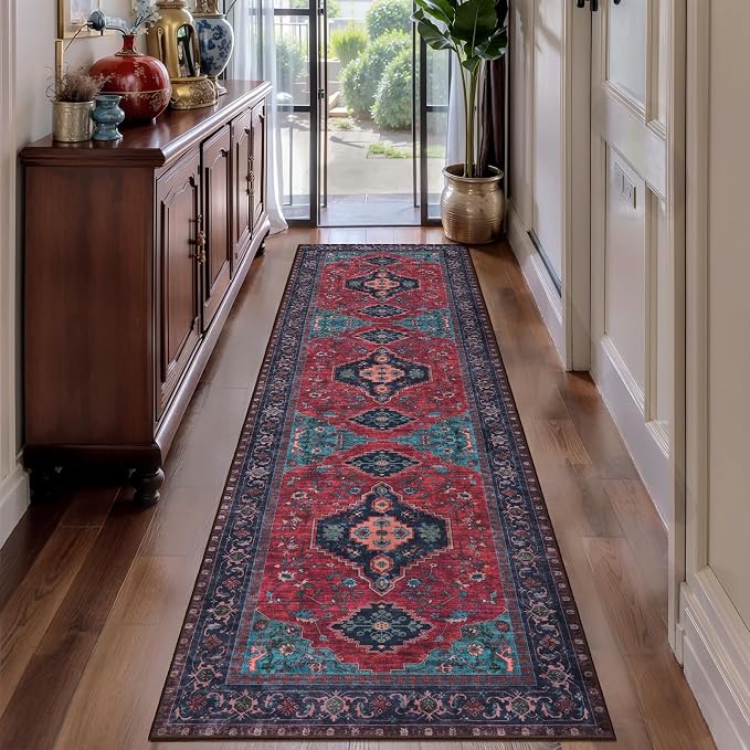 Tangsoo 2.6x8 Washable Runner Rug for Hallways, Non Slip Vintage Runner Rug, Soft Low Pile Long Rug Runner, Print Carpet Runners for Kitchen Bedroom Entryway Bathroom Living Room Burgundy/Navy