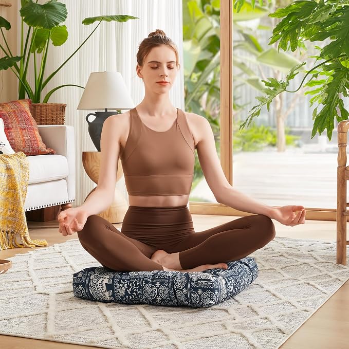 Codi Meditation Floor Pillow Set of 2, Large Pillows Seating for Adults and Teens, Bohemian Cushion for Fireplace Yoga Living Room Sitting, Memory Foam Added, 22x22 Inch Indigo Elephant