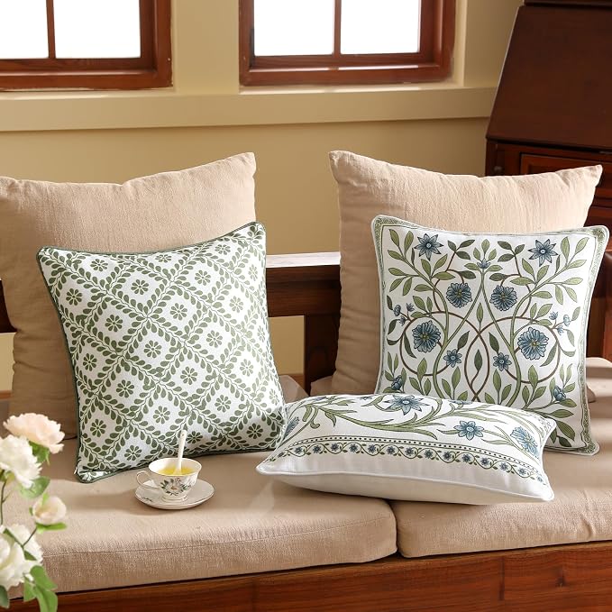 ISAENNE Designer Vintage Linen Throw Pillow Cover,18"x18"-Mosella C | French Elegant Square Decor Pillow Cover,Concealed Zipper Design,Floral Pattern,Sofa,Bedroom,Living Room,Lounge Chairs