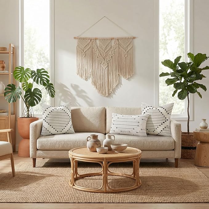 Mecatny Boho Summer Outdoor Throw Pillow Covers 18X18 Set of 2, Farmhouse Decorative Pillow Covers for Couch Sofa Living Room, Beige & Grey