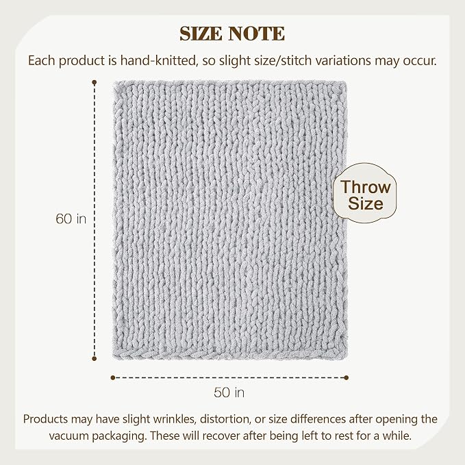 Carriediosa Chunky Knit Throw Blanket 50" X 60", 100% Hand Made Large Chenille Loop Yarn Soft Fluffy Throws for Couch Sofa Bed, Big Crochet Cozy Heavy Thick Cable Woven Blanket, Grey