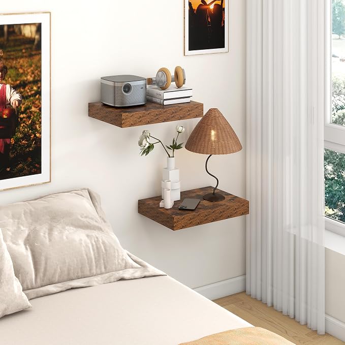 FLYJOE 12 Inch Deep Floating Shelves, 16'' Brown Floating Shelves Set of 2 | 12'' Deep Shelves for Wall, 16'' x 12'' Rustic Brown Wood Shelves for Living Room Bathroom Kitchen Bedroom