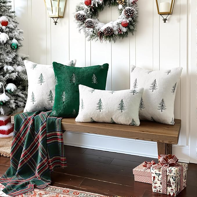 MIULEE Christmas Decorative Pillow Covers Set of 2 Faux Fur Throw Pillows with Embroidered Christmas Tree 18x18 Inch Green White Winter Couch Covers for Festival Sofa Bedroom Living Room Home Decor