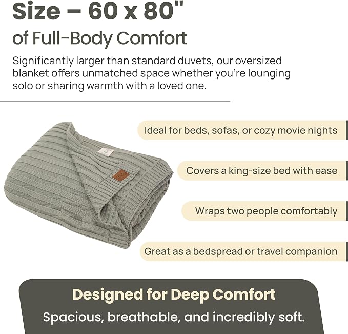 100% Organic Cotton Knit Blanket Denise, Soft and Lightweight, Breathable All-Season Throw for Bed, Sofa, or Lounge Area -GOTS Certified-Perfect for Home and Bedroom Styling (Green, 60x80)