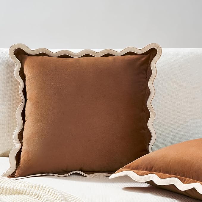MONDAY MOOSE Decorative Throw Pillow Covers Cushion Cases, Set of 2 Soft Velvet Scalloped Wavy Edge Designs, Mix and Match for Home Decor, Pillow Inserts Not Included (18x18 inch, Beige/Brown)