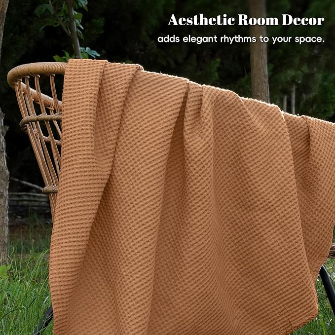 PHF Pre-Washed Cotton Waffle Weave Blanket Queen Size for Bed,Snag Proof Throw Blanket for Couch Spring Summer Lightweight Breathable,Oeko-TEX Certified,Machine Washable,Home Decor Gift-Cinnamon Brown