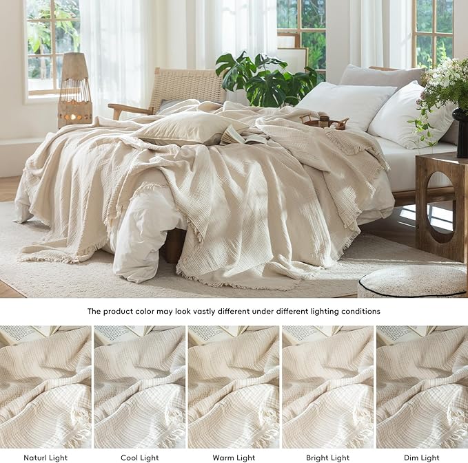 MooMee Muslin Blanket - 100% Cotton 4-Layer Gauze Throw Blanket with All-Around Fringe, Soft Breathable Lightweight Cooling Summer Blankets for Bed Couch (Beige,Oversize Queen 98" x 98")