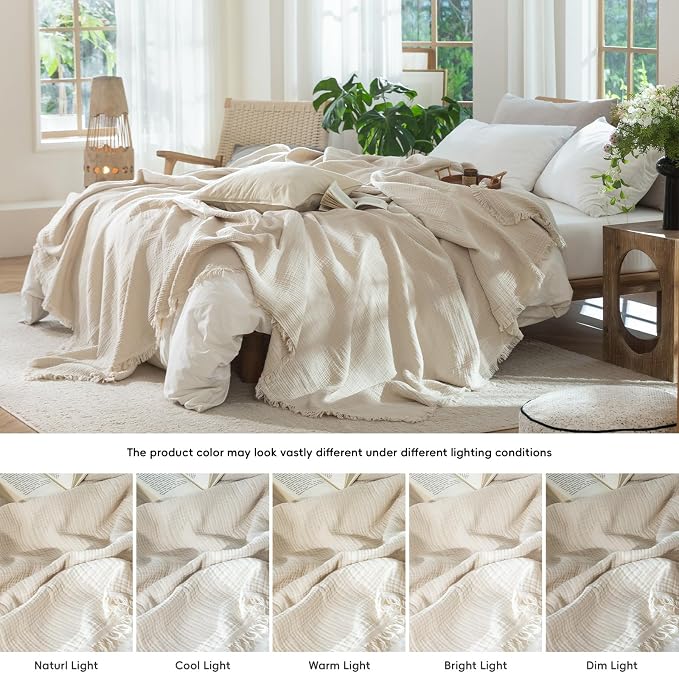MooMee Muslin Blanket - 100% Cotton 4-Layer Gauze Throw Blanket with All-Around Fringe, Soft Breathable Lightweight Cooling Summer Blankets for Bed Couch (Beige,Super King 108" x 98")