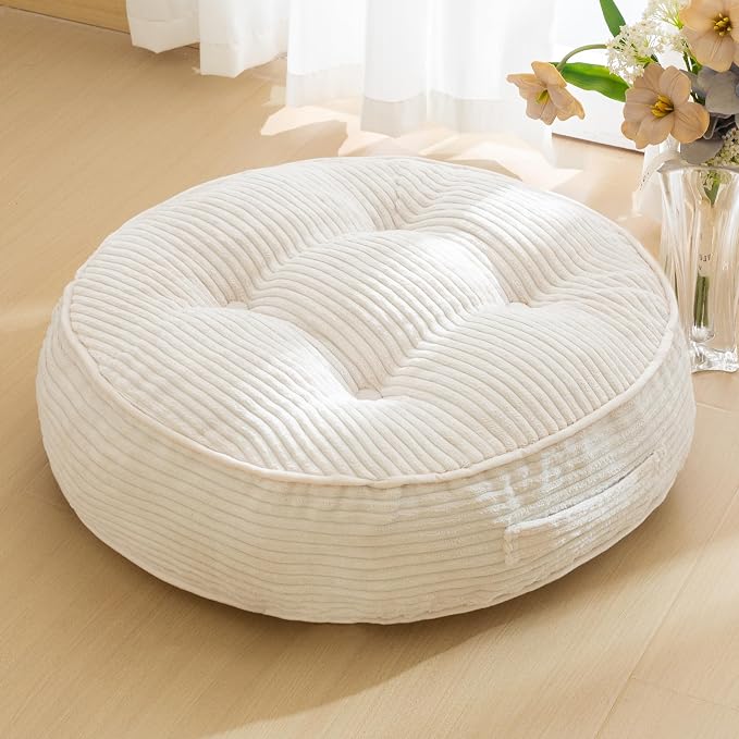 HIGOGOGO 6" Extra Thick Floor Pillow Cushion for Adults, Meditation Cushion Pillow, Large Round Floor Sitting, Tufted Corduroy Cover, for Tatami Living Room or Yoga, 22x22 Inch, Beige