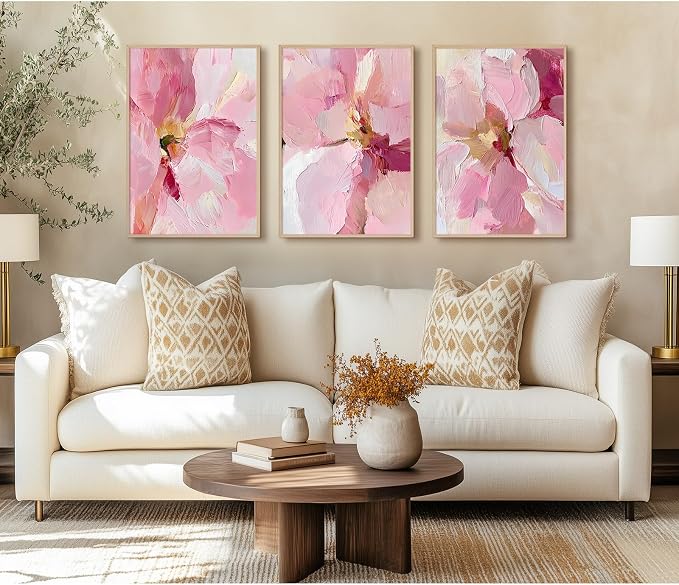 Abstract Floral Wall Art Pink Flower Canvas Pictures Modern Wall Decor Blush Pastel Pink Prints Peony Painting Minimalist Poster Botanical Artwork for Bedroom Living Room 24x36 Inch Unframed set of 3