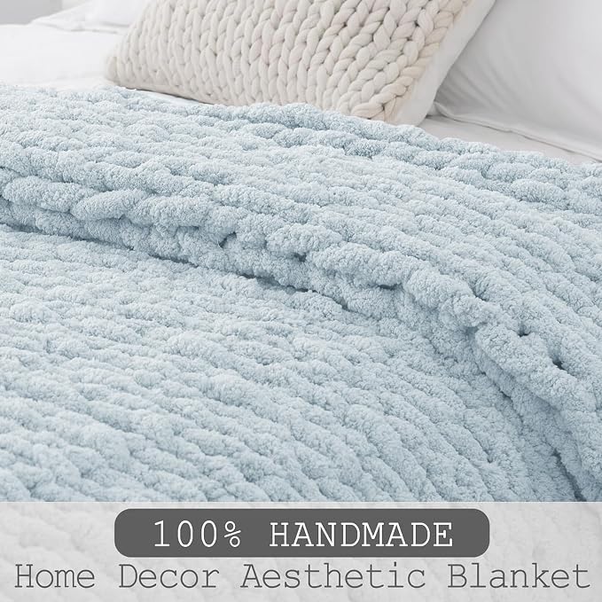 Chunky Knit Throw Blanket 50x60, 100% Handmade Chenille Yarn | 4.4lbs Soft Thick Cable Knitted Blankets, Large Rope Knot Crochet Throws for Couch Sofa Bed Machine Washable, Light Blue