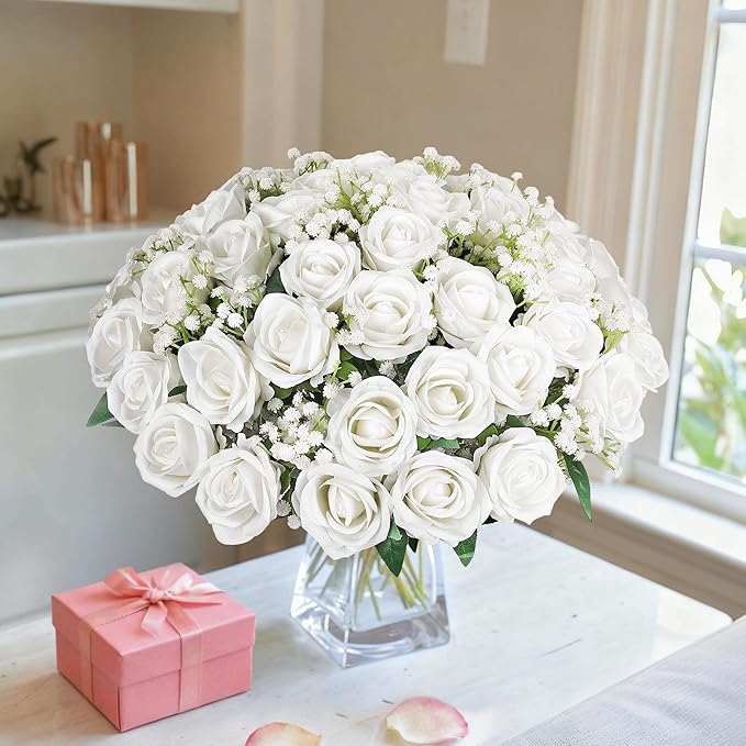 HyeFlora 35 PCS Artificial White Roses with 15 PCS Fake Baby Breath Realistic Fake Flowers Bouquet with Stem for DIY Wedding Party Home Decoration Vase Tables Centerpieces Arrangements Gift for Her